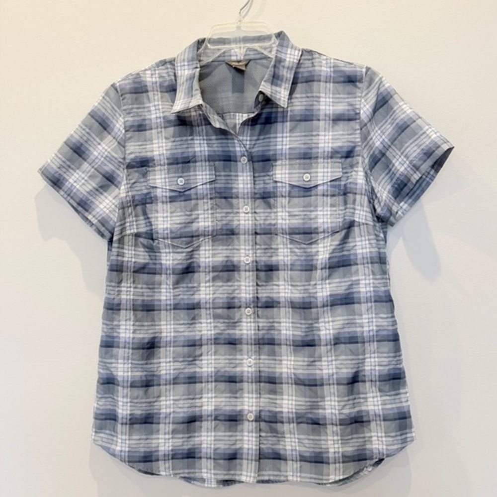 Eddie Bauer Plaid Short Sleeve Button Up Shirt Mens L Blue Gray